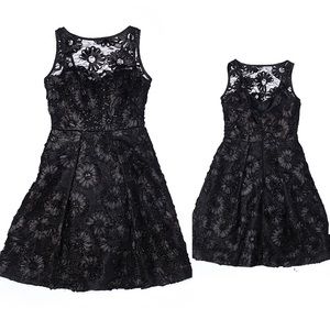 {Theia} Floral and Sequin Fit and Flare Dress